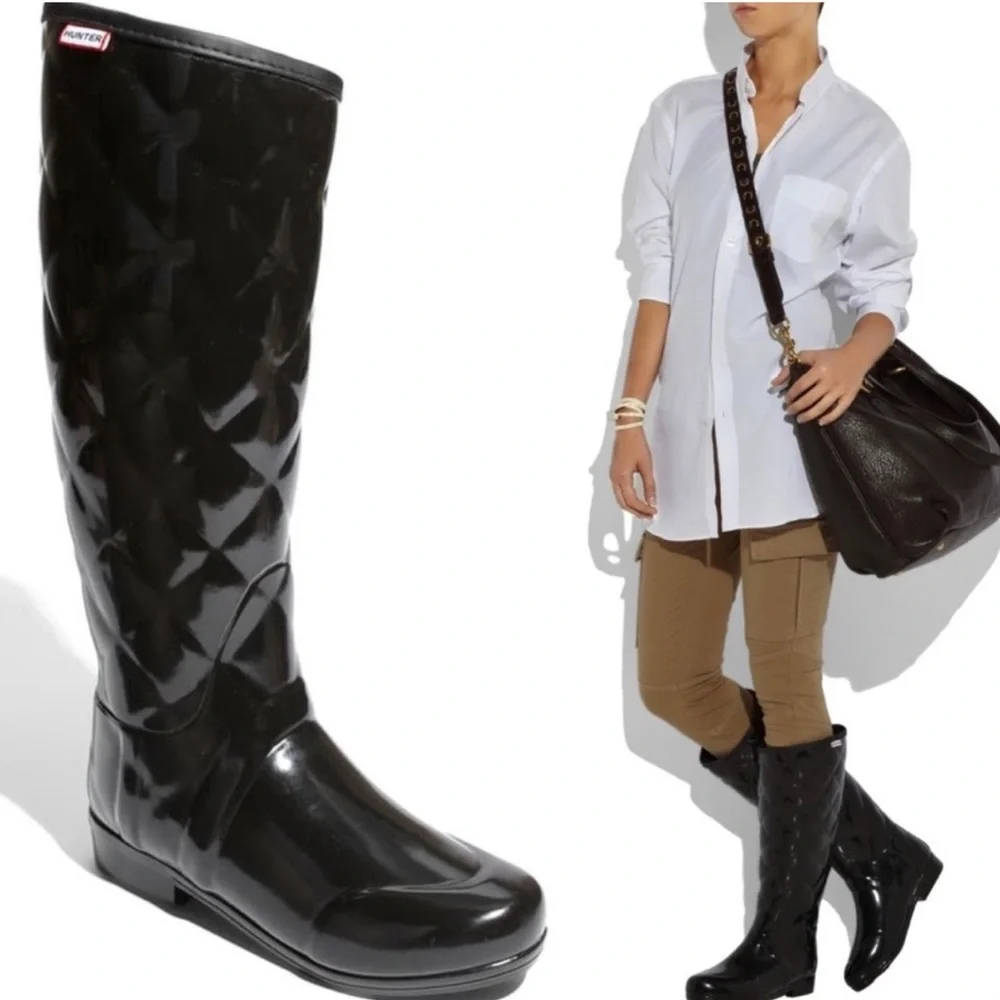 HUNTER Quilted Savoy Tall Pull On Black Refined Gloss Rain Boots